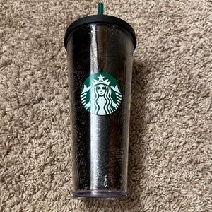 Starbucks Retired 2014 Baubles 24oz Black Tumbler with Green Logo and Straw